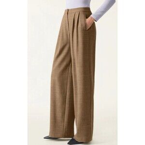 NWT OGL 4-way Stretch Wool Mid Rise Pleated Wide Leg Trousers Brown Sz M
